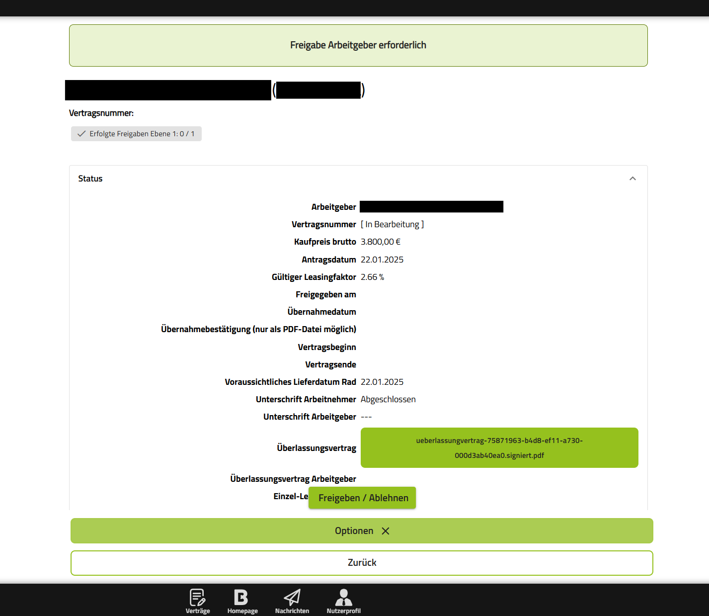 Optionen (grüner Button) Vertrag freigeben / ablehnen